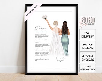 Unframed Cousin Printed Wedding Poem, Gift For A Bride On Her Wedding Day From Cousin, Personalised Wedding Illustration, Wedding Print