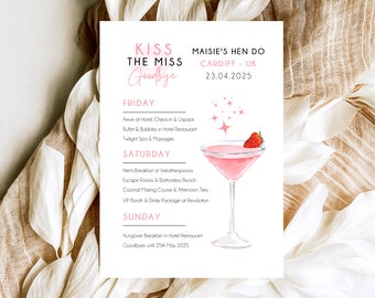 Hen Do Itinerary Card, Hen Party Itineraries, Hen Do Invitation, Bachelorette Party Itinerary, Hen Weekend Menu, Hen Party Stationary