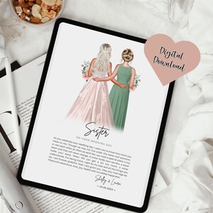 Für meine Schwester am Tag ihrer Hochzeit, digitaler personalisierter Druck zu Hause PDF-Datei, druckbares Hochzeitsdesign für Braut von ihrer Schwester Brautjungfer