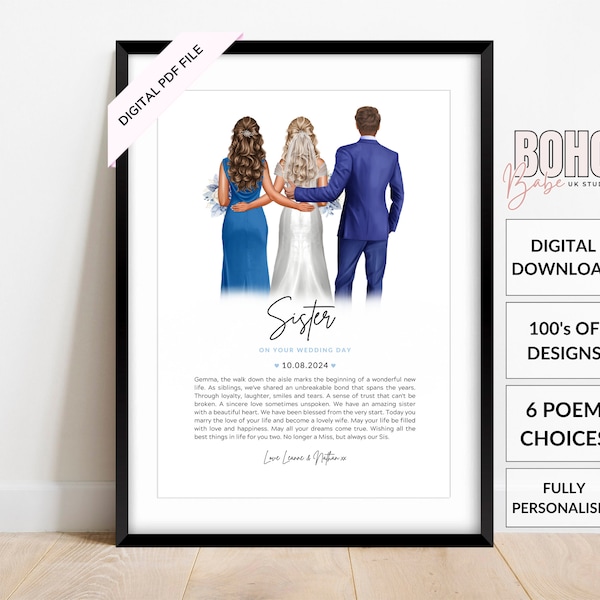 Voor onze zus op haar trouwdag PDF-bestand bruiloft print, huwelijkscadeau van broer en zus, broer of zus gepersonaliseerde print, print thuis