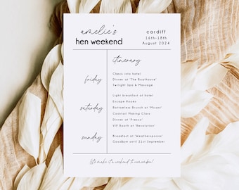 Hen Do Itinerary Card, Hen Party Itineraries, Hen Do Invitation, Bachelorette Party Itinerary, Hen Weekend Menu, Hen Party Stationary