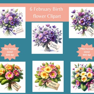 Watercolor Violet & Primrose Clipart: February Birth Flowers (PNG)