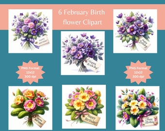 Watercolor Violet & Primrose Clipart: February Birth Flowers (PNG)