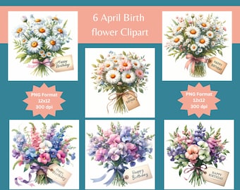 Watercolor Daisy Clipart: Birthday Flower Bouquet (PNG)