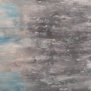 May include: Abstract painting with a blue, gray, and white color scheme. The painting has a textured, layered look, with brushstrokes visible throughout.