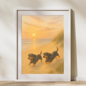 Stampa artistica da parete con bassotto al tramonto / Download digitale di bassotti neri e focati / Decorazioni per animali domestici costieri / Arte stravagante con cani / Download