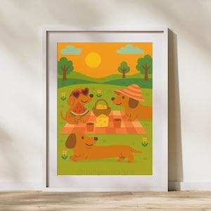 Decorazione murale stampabile con bassotto da picnic / Download digitale estivo con simpatico cane bassotto / Decorazione divertente per cani da parco per cucina o cameretta / Digitale