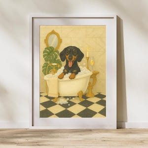 Decorazione murale stampabile di un bassotto in un bagno di lusso / Divertente bagnoschiuma con cane bassotto, download digitale / Decorazione glamour per animali domestici / Download immediato