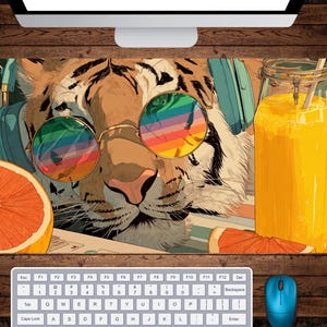 Cute Tiger animal deskmat wearing rainbow sunglasses and drinking orange juice