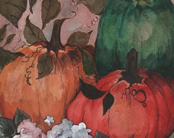 Pinturas em aquarela de outono e abóbora