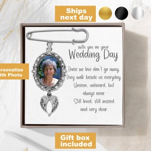 Wedding Bouquet Charm with Angel Wings Wedding Memorial Wedding Boutonniere  Bouquet Memorial Bride Bouquet Memorial Photo Charm Lapel Pin