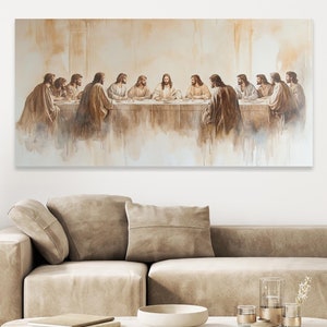 Arte de parede da Última Ceia, Arte cristã, Pintura da Última Ceia, Tela da Última Ceia, Arte cristã moderna, Arte de parede horizontal longa, Jesus