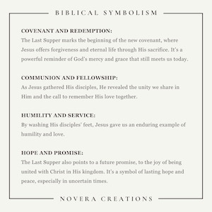 May include: A cream-coloured card with the title "BIBLICAL SYMBOLISM" at the top. The text below details the themes of Covenant and Redemption, Communion and Fellowship, Humility and Service, and Hope and Promise. The card is branded with "NOVERA CREATIONS" at the bottom.