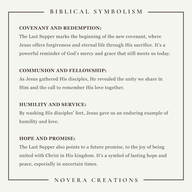 May include: A cream-coloured card with the title "BIBLICAL SYMBOLISM" at the top. The text below details the themes of Covenant and Redemption, Communion and Fellowship, Humility and Service, and Hope and Promise. The card is branded with "NOVERA CREATIONS" at the bottom.