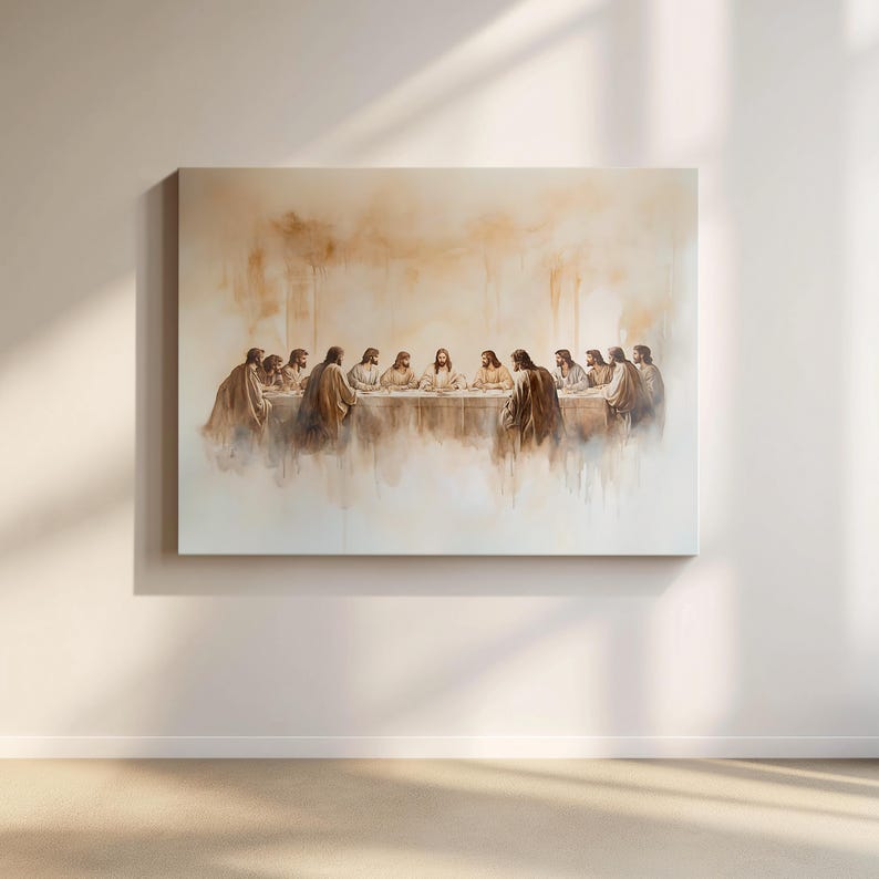 May include: A large rectangular canvas print of the Last Supper, showing Jesus and his disciples at a table. The artwork uses muted brown and beige tones, with a soft, watercolour-like effect. The print is mounted on a wall.