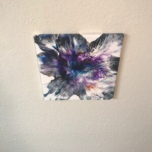 May include: Abstract painting on canvas with swirling colors of purple, blue, white, and black.