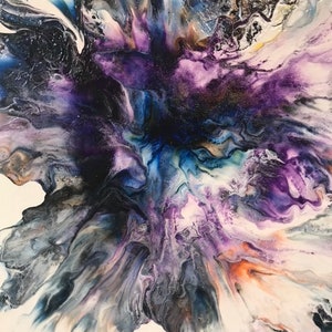 May include: Abstract painting with swirling colors of purple, blue, white, and black. The colors blend together to create a unique and dynamic design.