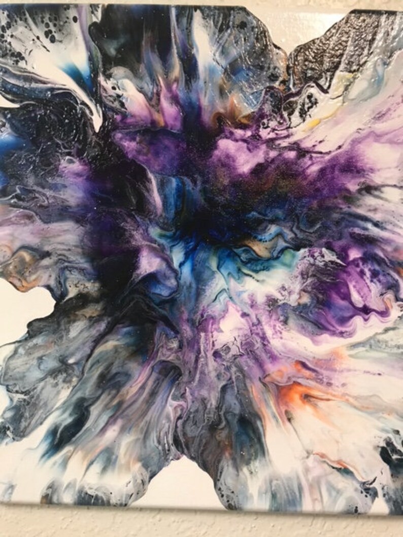 May include: Abstract painting with swirling colors of purple, blue, white, and black. The colors blend together to create a unique and dynamic design.