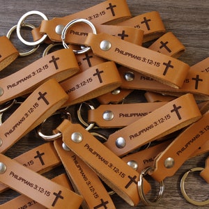 Religious gifts - Personalized Leather Keychain - Christian gifts - Philippians 3:12-15 - Leather Accessories for Him