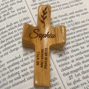Personalized Olive Wood Pocket Cross, Psalm 46:10, Engraved Name, Christian Prayer Gift,         Custom Engraved Scripture Christian Gift