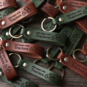 Still plays with tractors Personalized Leather Keychain. Custom Leather Keychain. Handmade in USA. Leather Key Chain Leather Key Fob