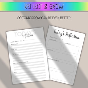 Pode incluir: Duas folhas de papel brancas com o texto "Today's Reflection" e sugest&otilde;es para a autorreflex&atilde;o. A parte superior da imagem tem o texto "REFLECT & GROW" em um gradiente de arco-&iacute;ris, com o texto "SO TOMORROW CAN BE EVEN BETTER" abaixo.