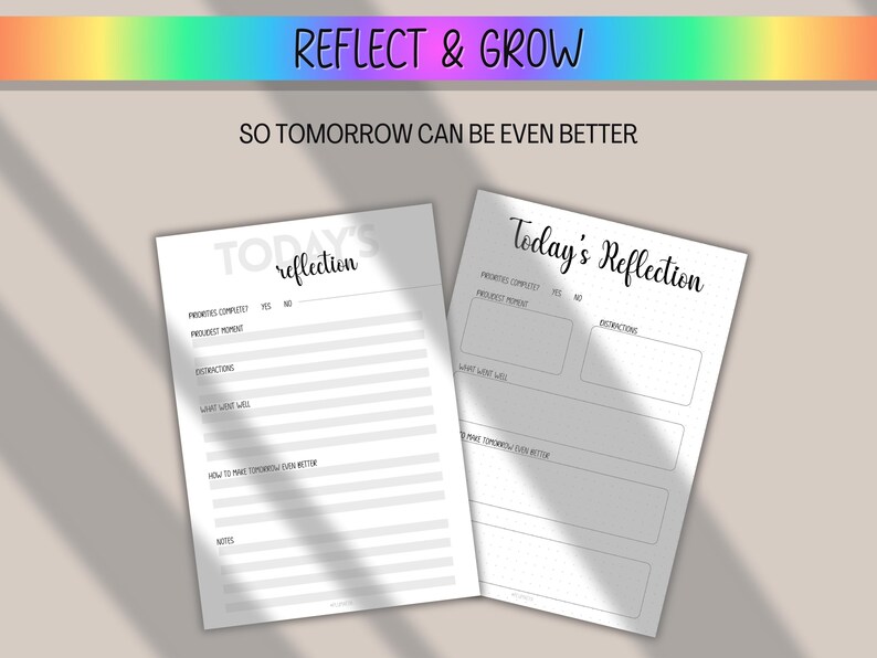 Pode incluir: Duas folhas de papel brancas com o texto "Today's Reflection" e sugest&otilde;es para a autorreflex&atilde;o. A parte superior da imagem tem o texto "REFLECT & GROW" em um gradiente de arco-&iacute;ris, com o texto "SO TOMORROW CAN BE EVEN BETTER" abaixo.