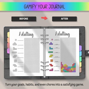 May include: Open journal with the text "Adulting" on each page. One page shows Tetris-like shapes, the other a grid. The top banner reads "Gamify Your Journal". The text "Before" and "After" are above the pages.