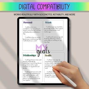 Peut inclure: Une tablette affiche un planificateur num&eacute;rique avec des sections pour les objectifs personnels, professionnels, relationnels et de sant&eacute;. Le planificateur a un design minimaliste avec du texte manuscrit. Un stylet est utilis&eacute;. Le texte "DIGITAL COMPATIBILITY" est en haut.