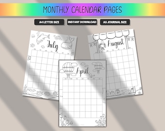 12 Month Calendar Pages Bundle, Monthly Planner Kit, Premade Bullet Journal Insert, Printable Coloring BUJO BulletJournal A5 A4 Letter PDF