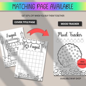 May include: Black and white printable planner pages with the text "August" and "Mood Tracker". The "August" pages include a cover page and a calendar. The "Mood Tracker" page features a cat sleeping under a bush.