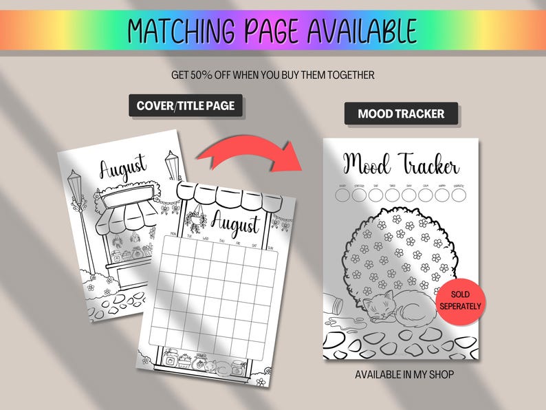 May include: Black and white printable planner pages with the text "August" and "Mood Tracker". The "August" pages include a cover page and a calendar. The "Mood Tracker" page features a cat sleeping under a bush.