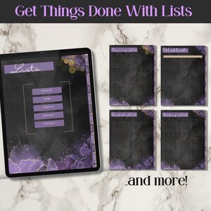 Get things done with lists. This ipad shows the lists section of the planner with a grocery list, a wishlist, bucket list, cleaning list and packing list