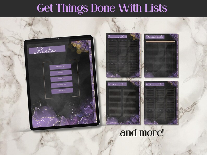 Get things done with lists. This ipad shows the lists section of the planner with a grocery list, a wishlist, bucket list, cleaning list and packing list