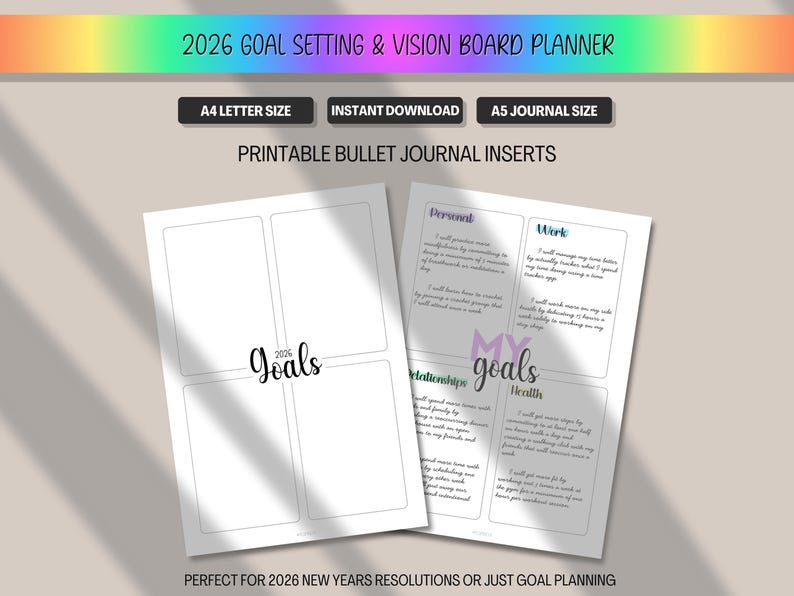Peut inclure: Inserts de journal intime imprimables pour la d&eacute;finition d'objectifs et la planification de tableaux de vision pour 2026. Le design comprend des options de format A4 et A5. Le texte sur la page comprend "Objectifs", "Personnel", "Travail", "Relations" et "Sant&eacute;".