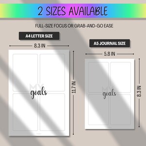 Peut inclure: Deux journaux blancs pour la d&eacute;finition d'objectifs sont pr&eacute;sent&eacute;s, un format A4 (21 cm x 29,7 cm) et un format A5 (14,8 cm x 21 cm). Chaque journal comporte quatre sections et le mot "goals". Le texte "2 SIZES AVAILABLE" est en haut.