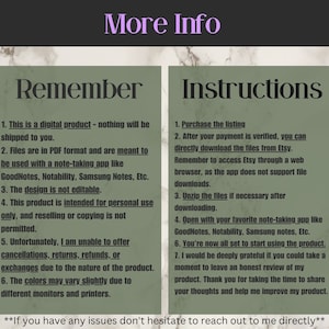 May include: A green and white digital download reminder and instructions for using a digital product. The text reads "Remember" and "Instructions" with numbered bullet points explaining the digital product and how to use it. The text also includes "If you have any issues don't hesitate to reach out to me directly."