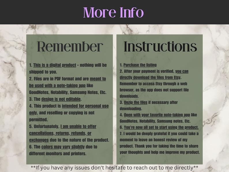 May include: A green and white digital download reminder and instructions for using a digital product. The text reads "Remember" and "Instructions" with numbered bullet points explaining the digital product and how to use it. The text also includes "If you have any issues don't hesitate to reach out to me directly."
