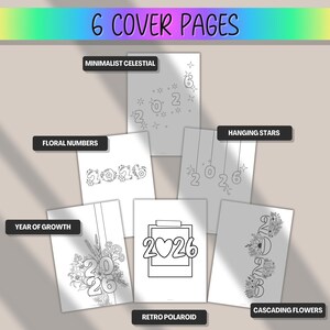 May include: Six cover pages with various designs for 2026. Designs include floral numbers, hanging stars, and a retro Polaroid. The top of the image has a rainbow gradient, and each design is in black and white.