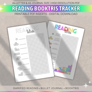May include: Two printable PDF reading tracker inserts for A4 and A5 journals. The pages feature a grid layout with Tetris-style block shapes and the text READING BOOKTRIS TRACKER, PRINTABLE PDF INSERTS, DIGITAL DOWNLOAD, and GAMIFIED READING.