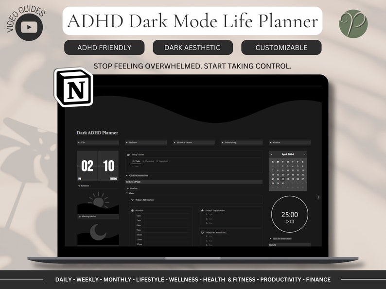 Notion Life Planner ADHD Dark Mode Notion Template for ADHD Digital ...