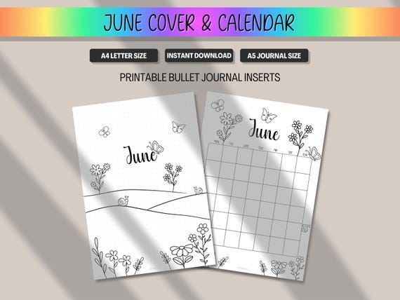 June Calendar & Cover Page, Monthly Planner Title Premade Bullet Journal Insert, Printable Coloring for BUJO BulletJournal, A5 A4 Letter PDF