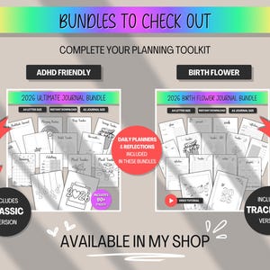 Pode incluir: Imagem de dois pacotes de di&aacute;rios, o "2026 Ultimate Journal Bundle" e o "2026 Birth Flower Journal Bundle". Cada pacote inclui planejadores di&aacute;rios e reflex&otilde;es. O texto "Bundles to Check Out" e "Complete Your Planning Toolkit" est&aacute; no topo.