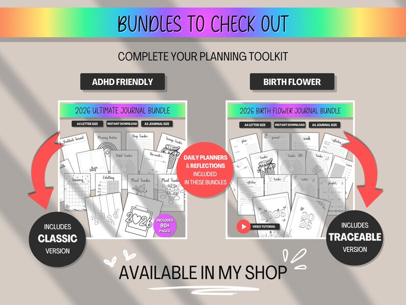 Pode incluir: Imagem de dois pacotes de di&aacute;rios, o "2026 Ultimate Journal Bundle" e o "2026 Birth Flower Journal Bundle". Cada pacote inclui planejadores di&aacute;rios e reflex&otilde;es. O texto "Bundles to Check Out" e "Complete Your Planning Toolkit" est&aacute; no topo.