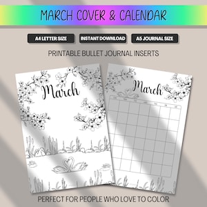 Könnte beinhalten: Druckbare Bullet-Journal-Einsätze für März, mit floralem Cover und Kalenderlayout. Verfügbar in A4- und A5-Journalgrößen. Das Cover zeigt Schwäne auf einem Teich.