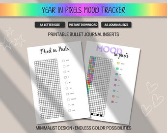 Suivi de l'humeur de l'année en pixels imprimable, journal de l'humeur quotidien pour Bullet Journal, suivi de la santé mentale, lettre A5 et A4, carte de l'humeur adaptée au TDAH