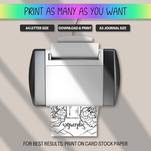 May include: A printer is shown, with the text "PRINT AS MANY AS YOU WANT" at the top. The printer is printing a black and white image that says "September". The image also includes the text "A4 LETTER SIZE", "DOWNLOAD & PRINT", "A5 JOURNAL SIZE", and "FOR BEST RESULTS: PRINT ON CARD STOCK PAPER".