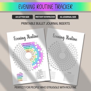 May include: Printable evening routine tracker with a colorful rainbow header. The design includes two pages, one with a filled-in chart and the other blank. The text includes "Evening Routine" and "Printable Bullet Journal Inserts."