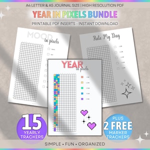 Year in Pixels Bundle, Yearly Mood, Weather, Period, Sleep, Reading Trackers & MANY MORE (A5 A4 Letter Printable PDF)