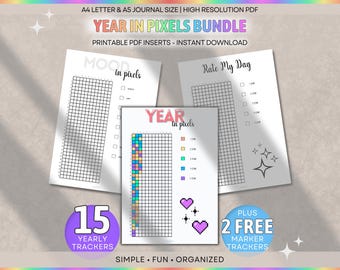 Year in Pixels Bundle, Yearly Mood, Weather, Period, Sleep, Reading Trackers & MANY MORE (A5 A4 Letter Printable PDF)